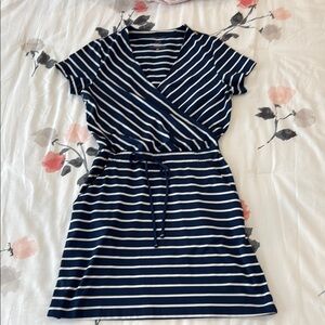 Navy & White Striped dress. Tie waist with side pockets.